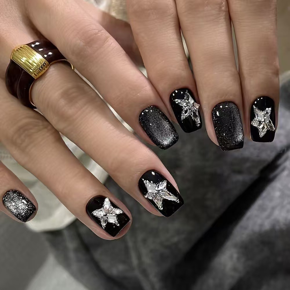 Nail Art Gliter - 10PCS Glitter Black Cat Eye Short