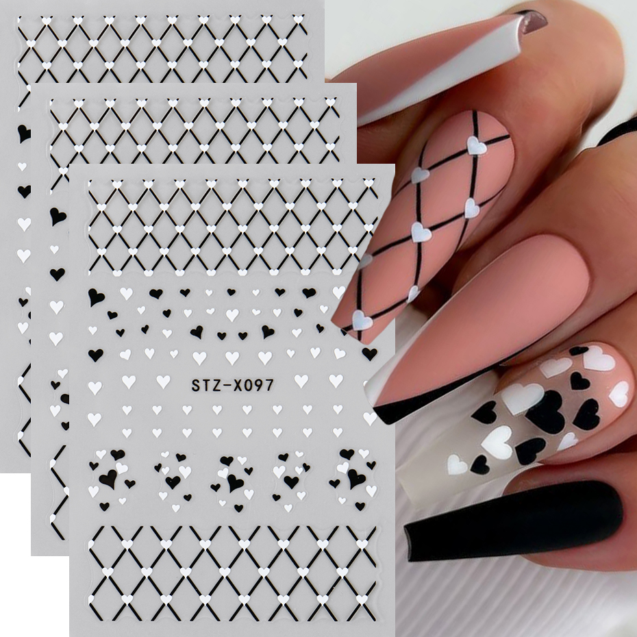 Nail Art Valentines Day - 2/3pcs Black White Love Heart Nail