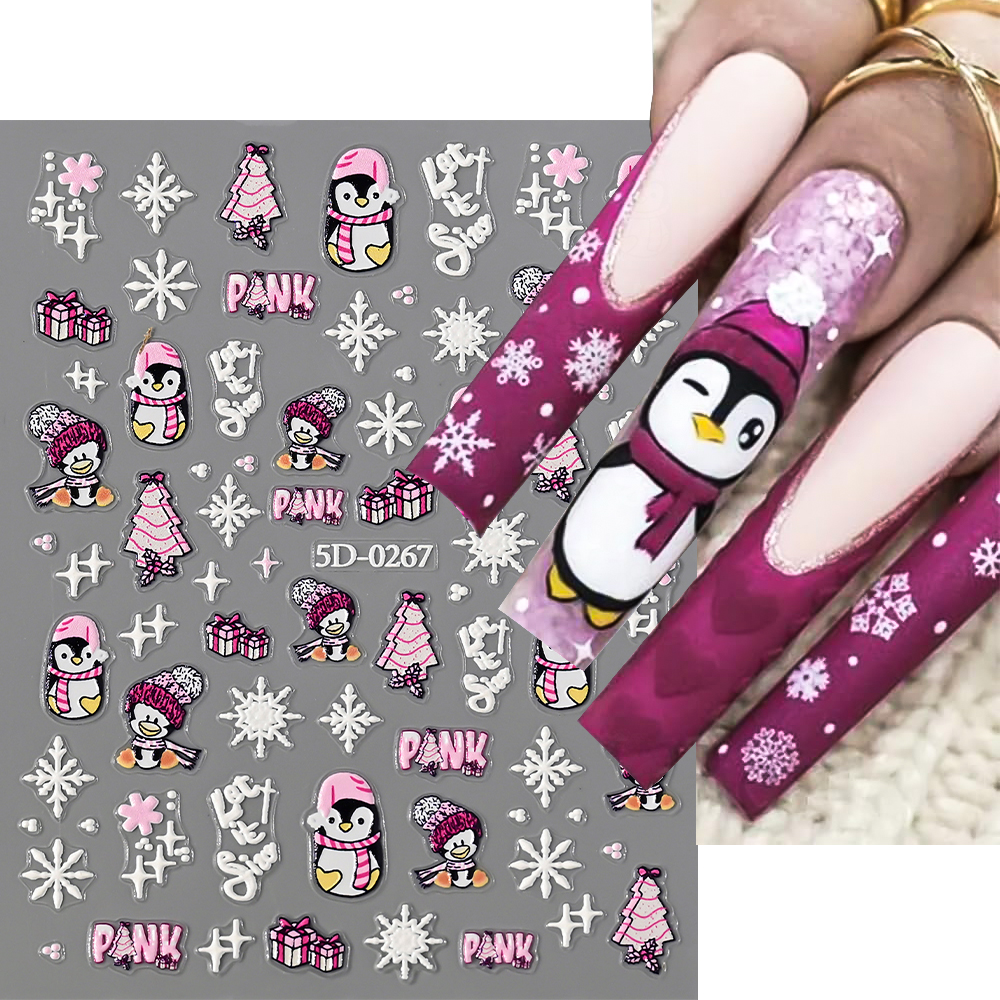 Nail Art Xmas 2025 - 1Sheet 5D Merry Christmas Penguin Nail