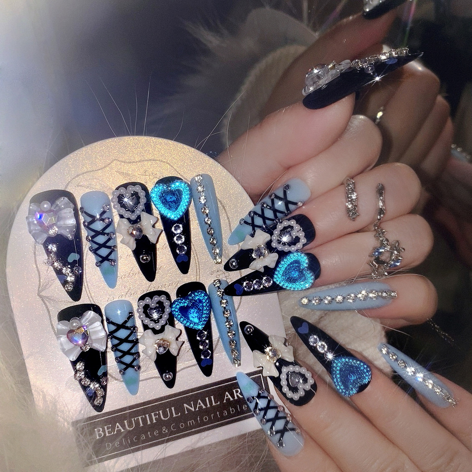 Nail Art Gliter - 24pcs 3D Bow Decor False Nails