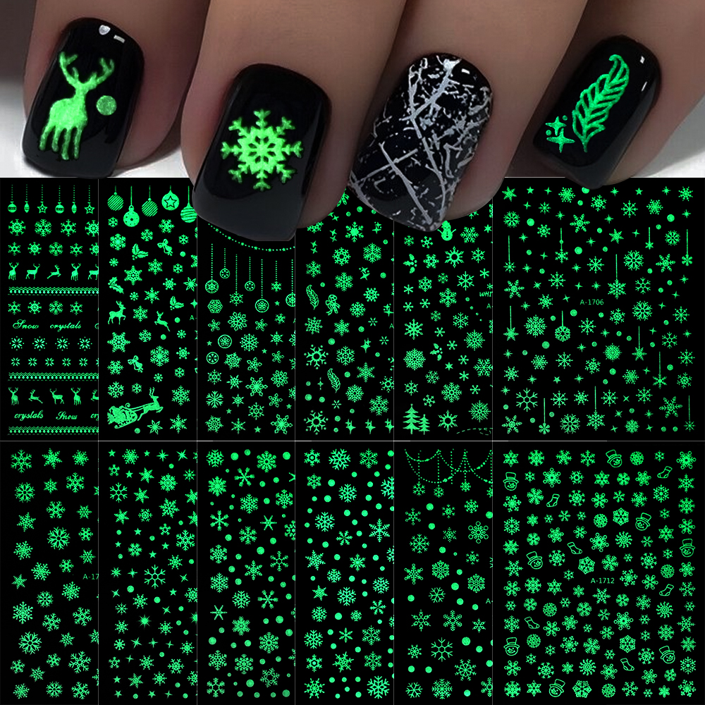 Nail Art Xmas 2025 - 12pcs 3D Snowflake Glow In The