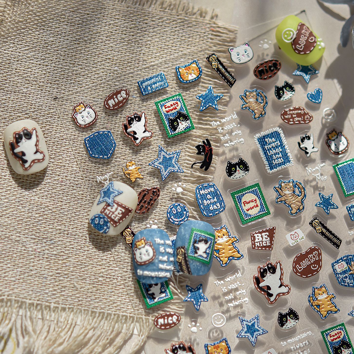 Nail Art Denim - Retro Denim Cat 3D Relief Stickers