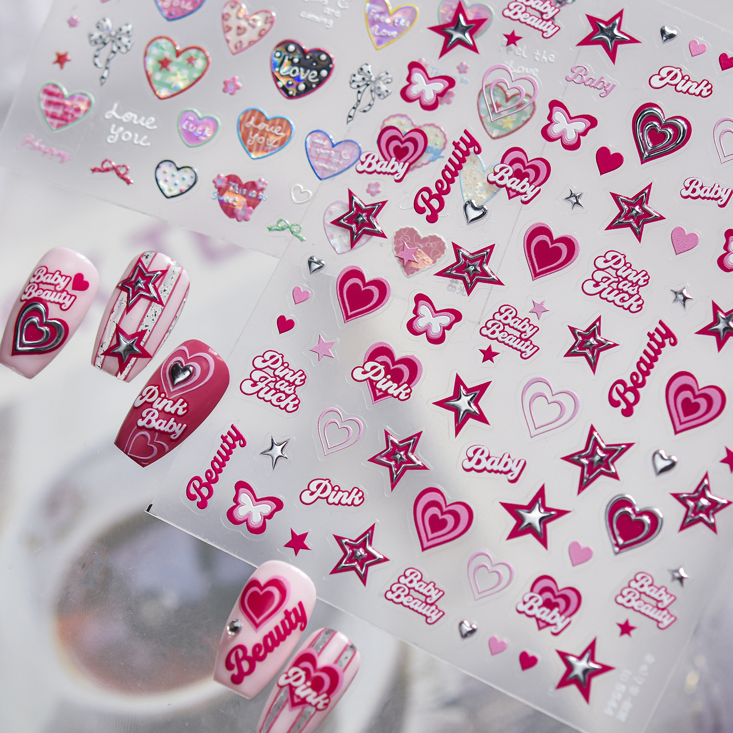 Nail Art Valentines Day - 5D Metal Nail Stickers Sweet Pink
