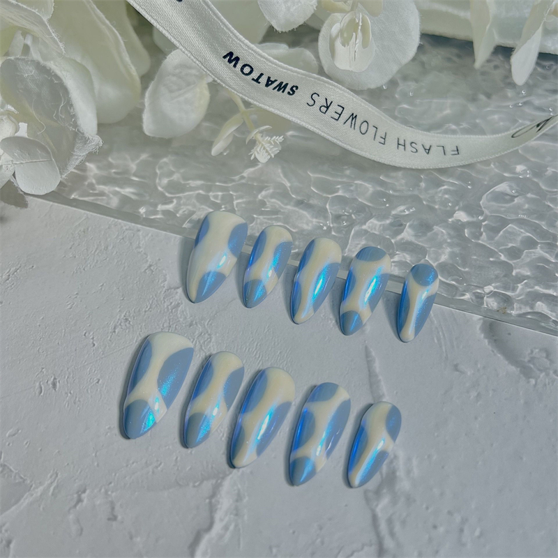 Nail Art Xs - 10Pcs Handmade Almond Blue Fake Nails