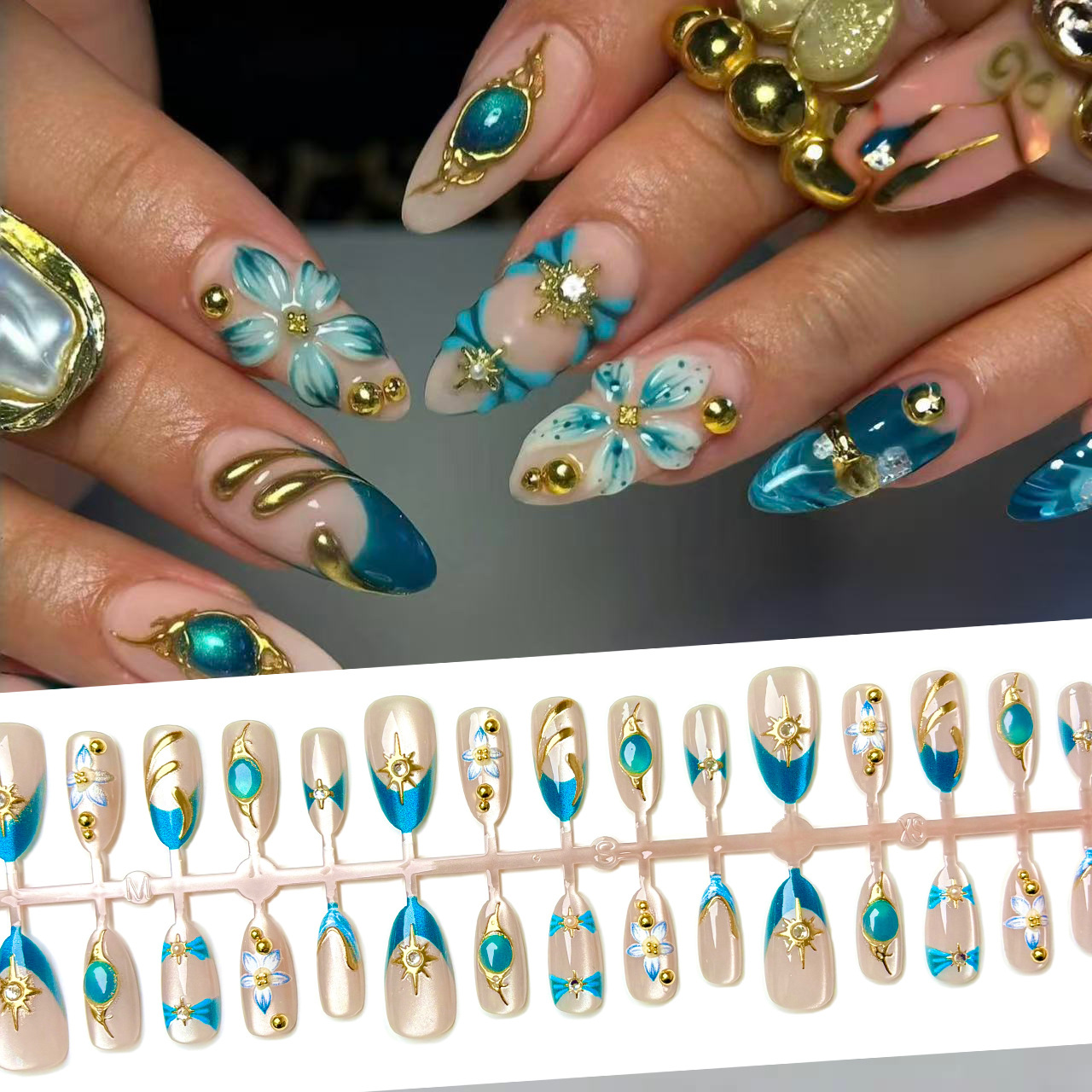Nail Art Gold - Premium Tiffany Blue Gold French Nail
