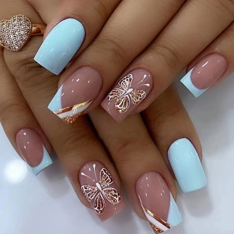 Nail Art Gold - Light Blue Fresh French Gold Line