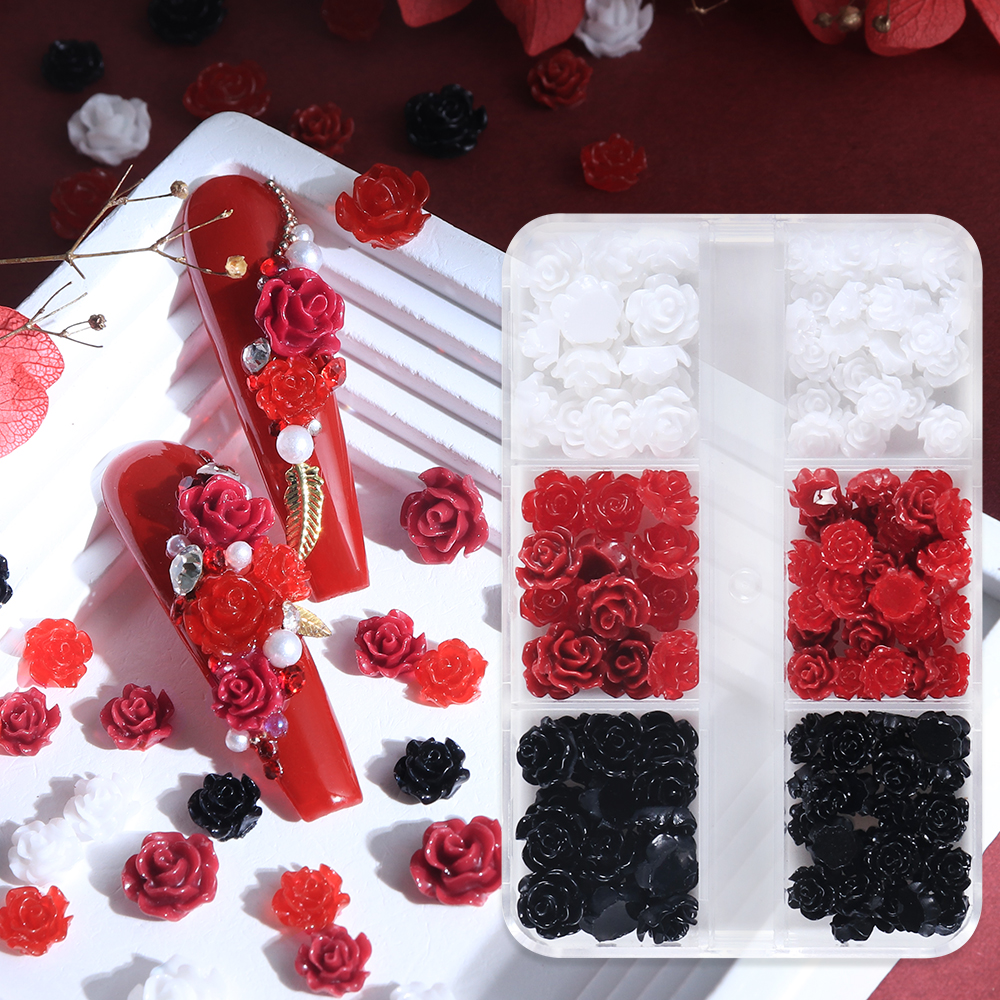 Nail Art Valentines Day - Black Red Rose Flowers Nail Art