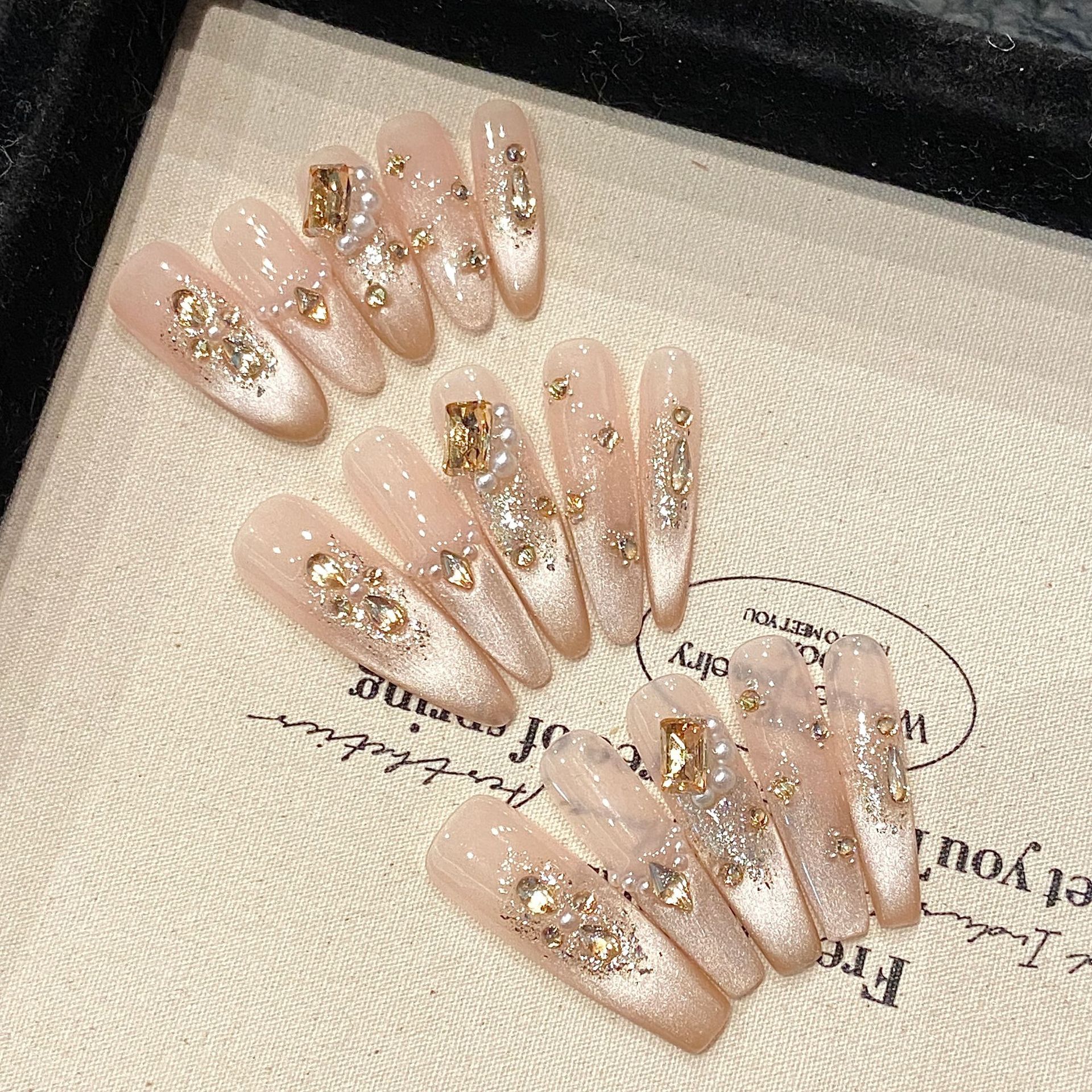 Nail Art Gold - 10pcs Pure Hand Pressed Oval/Stiletto/Coffin Nail