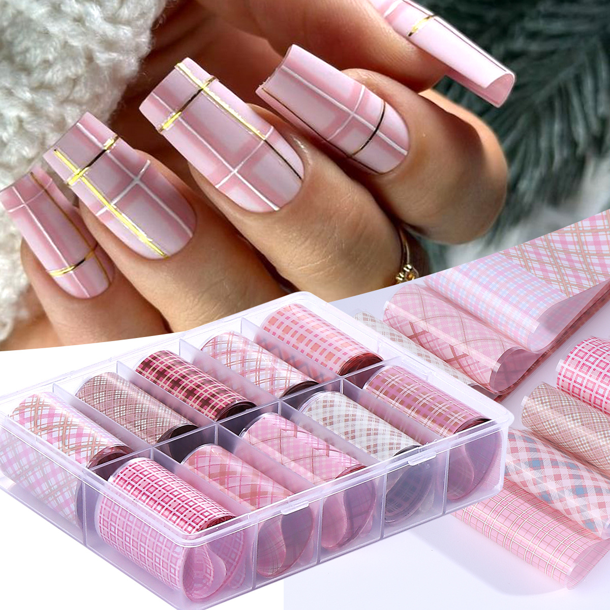 Nail Art Valentines Day - 10 Rolls/Box Pink Plaid Design Nail