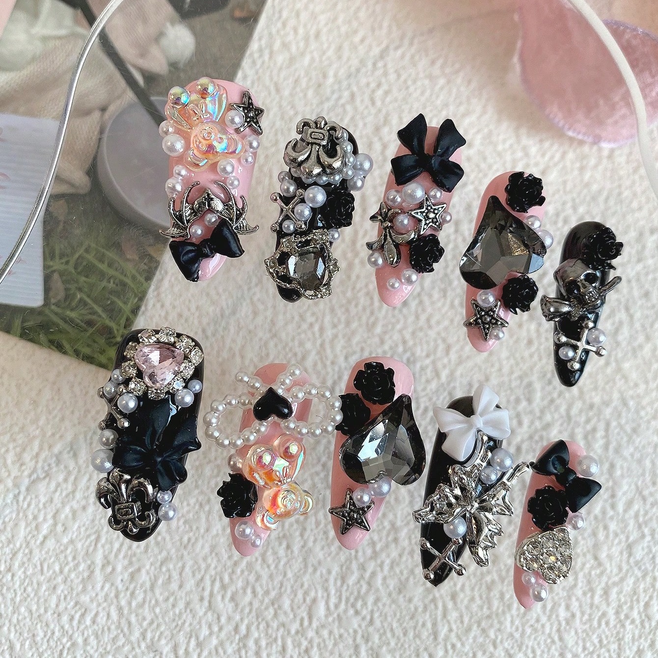 Nail Art Gothic - 10pcs Long Coffin Pink Black Gothic