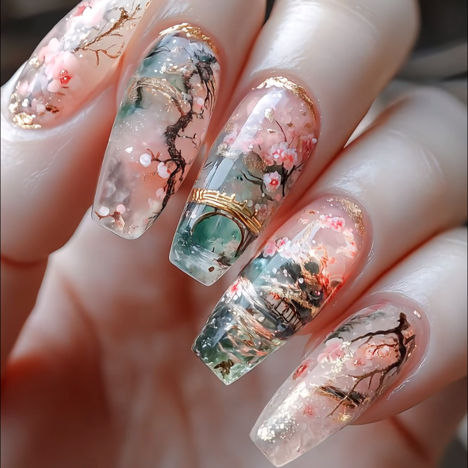 Nail Art Gliter - 24pcs Wearable Fake Nails Sets Flower