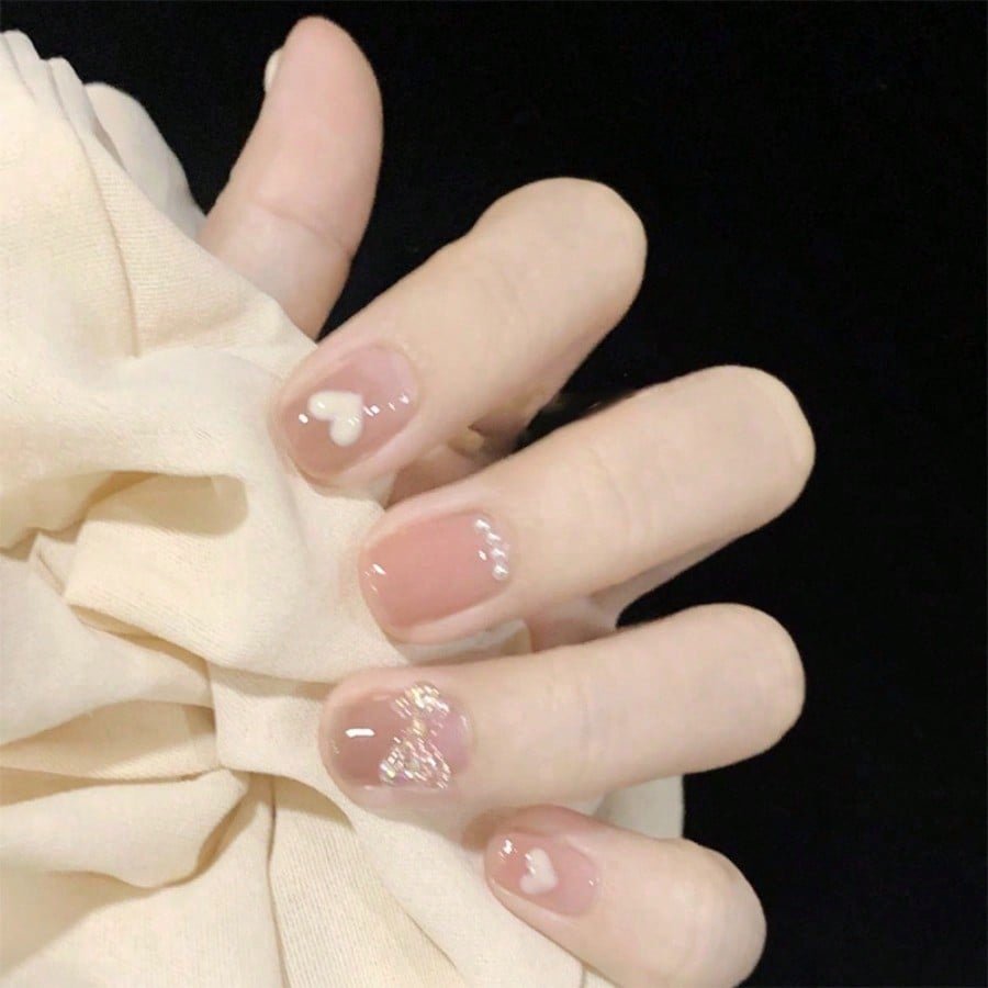 Nail Art Gliter - Women Nude Pink Press On Nails