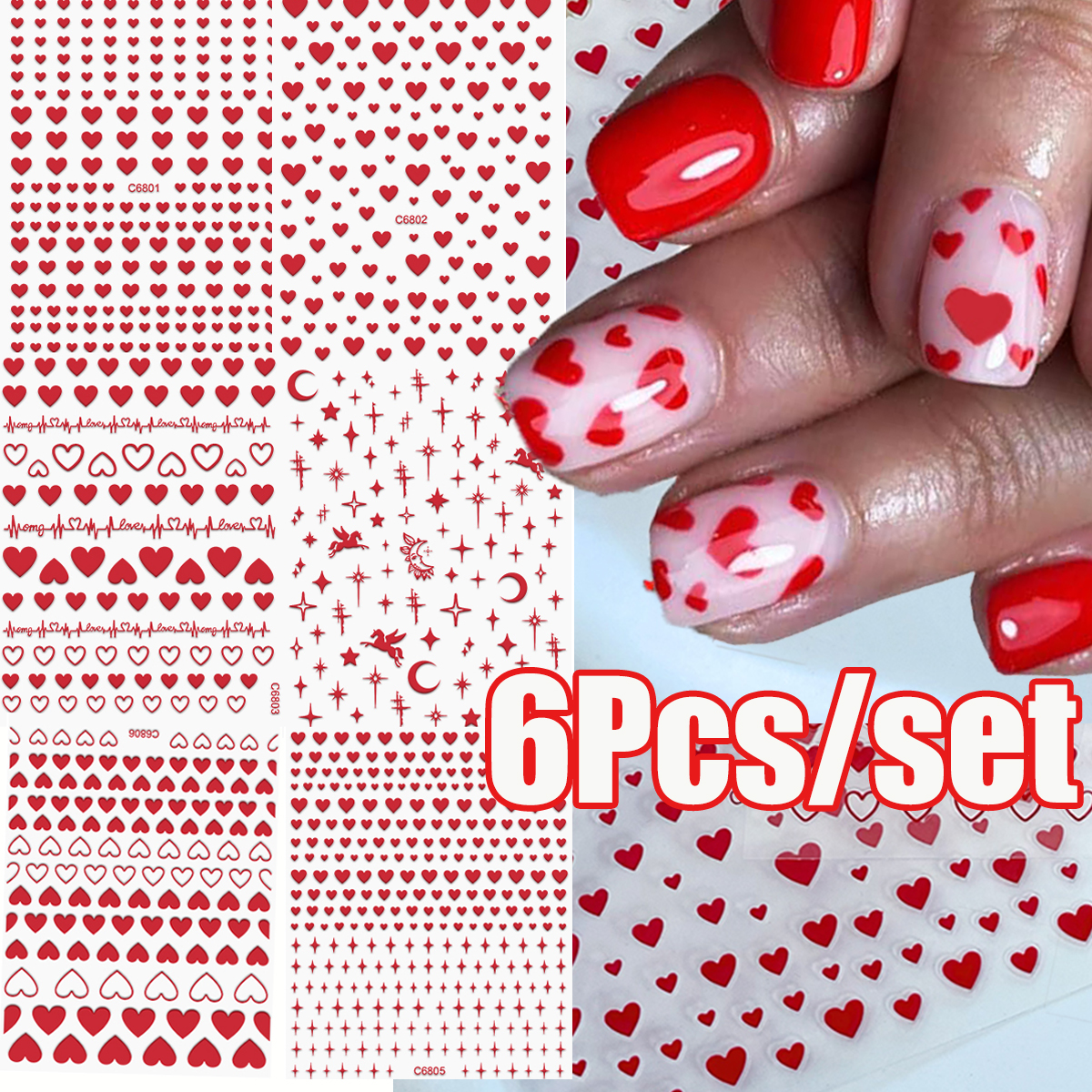 Nail Art Valentines Day - 6Pcs/Kit Valentines Day 3D Red Love