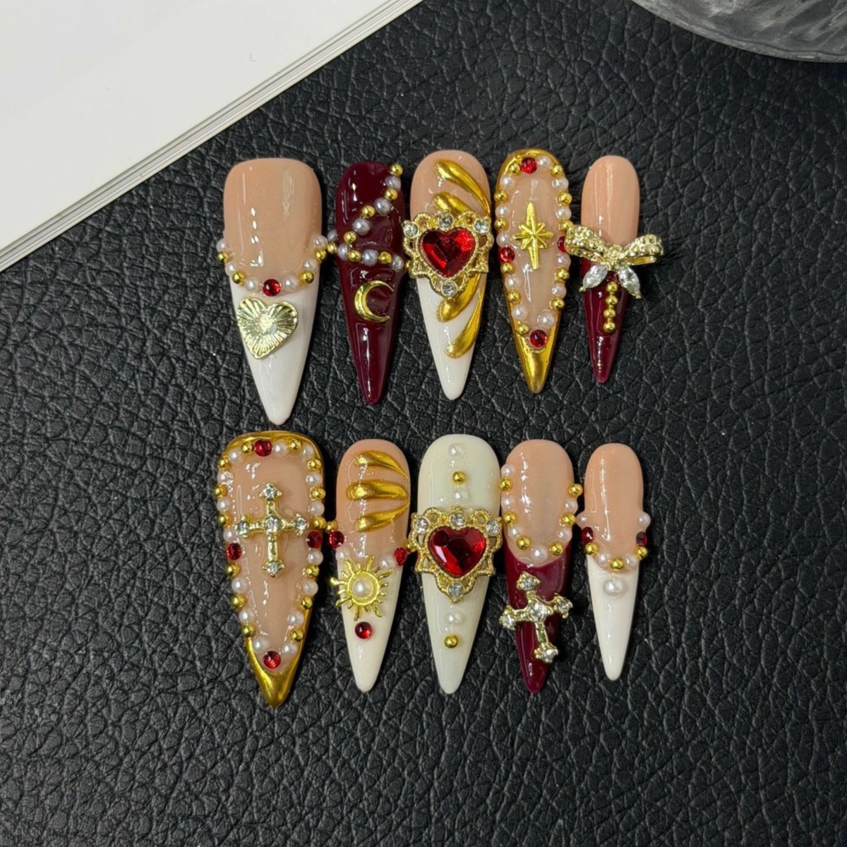 10Pcs Long Stiletto Wine Red H – Nail Art Gold recenzja i cena